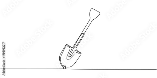 Continuous line drawing of shovel. Shovel linear icon. One line drawing background. Vector illustration. Shovel continuous line icon, Continuous single line sketch drawing of shovel use in agriculture