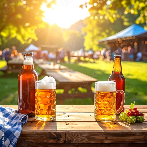 Beer bottles and glasses on picnic table.
