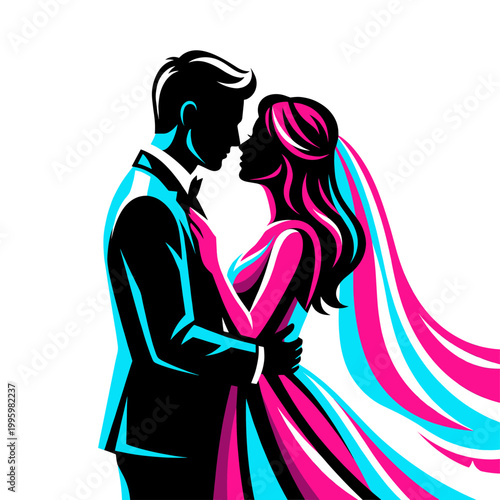 Neon wedding couple locked in a tender embrace rendered through glowing cyan and magenta contours capturing modern romance bridal elegance intimate passion and cinematic nighttime allure