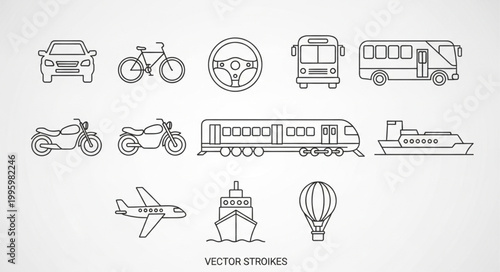 Collection of diverse transportation vehicles and modes of travel icons.