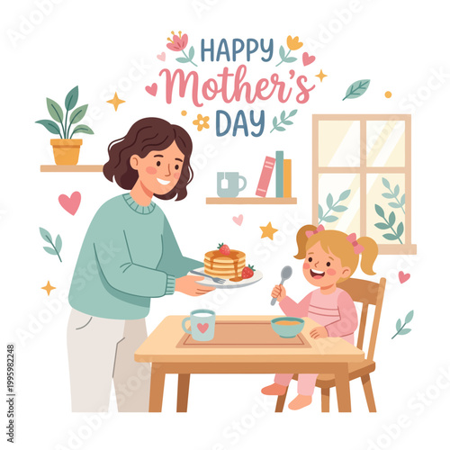 Mother serving a delicious stack of pancakes to her happy daughter for breakfast on a beautiful Mother's Day morning.