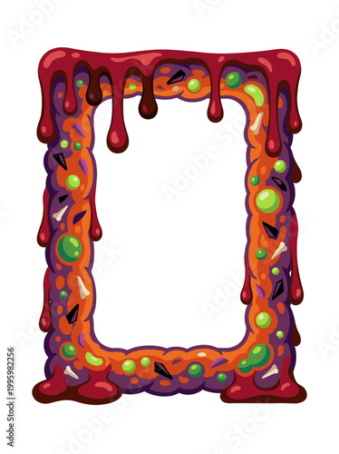 Grotesque slime frame mixing scarlet drips neon bubbles and molten orange ooze into a bizarre horror border alive by toxic motion cartoon gore and creepy fantasy texture and mutant energy
