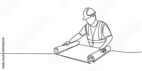 Minimalist continuous line drawing of a construction worker reading plans in a vest and hard hat vector