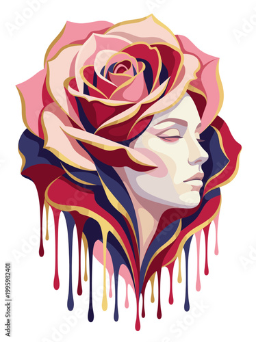 Dreamlike feminine visage emerging from layered rose petals and fluid paint drips blending romantic surrealism floral sensuality and bold liquid movement into a striking ornamental portrait