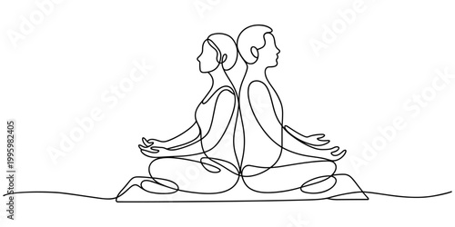Couple meditating together in lotus pose on yoga mat single line art. Minimalist health concept.