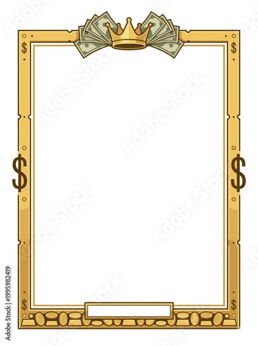 Luxurious golden money border featuring crown cash fan dollar symbols and coin detailing arranged in an ornate rectangular frame evoking opulence fortune prestige and regal excess