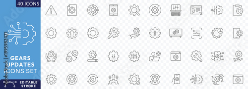 Gears Updates icon set. Containing update, gears, control, tool, system. Fully Editable. Vector illustration.