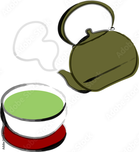 筆で描いたシンプルな和風湯呑みのお茶と急須のイラスト