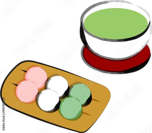 三色団子の和菓子と緑茶のイラスト