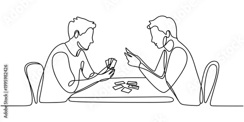 Continuous one line drawing of a couple playing card games at a table, symbolizing strategy, bonding, and fun.
