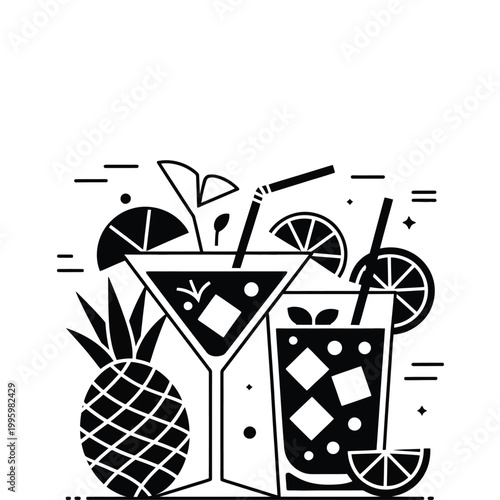 Cocktail illustration with martini glass and pineapple garnish on a white background
