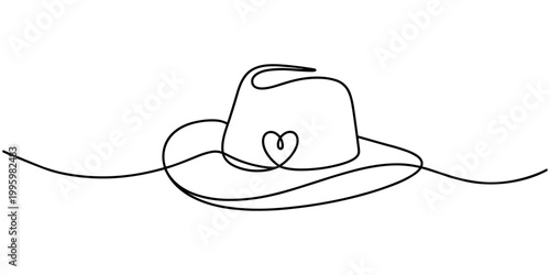 One line art cowboy hat - Minimalist continuous line drawing of western style hat vector illustration, Continuous one line drawing of men hat, Single line drawing of cowboy hat, Vector continuous one