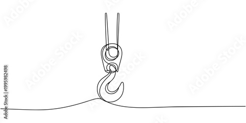 Crane icon, Continuous one line drawing hook. Stylish building crane hook vector hand drawn silhouette clipart. Sketch isolated on white background, Crane hook continuous one line drawing, 