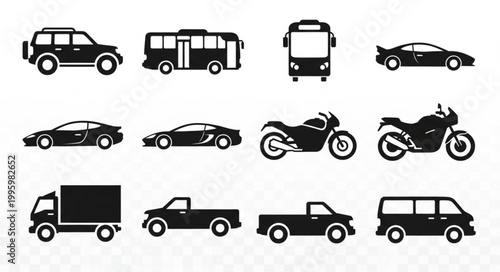 Collection of Various Vehicle Silhouettes for Transportation Concepts.