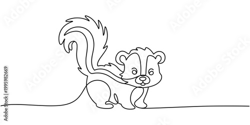 skunk animal continuous one line drawing, One continuous line drawing of cute striped skunk for logo identity. Mephitidae north and south American mammal mascot concept for national zoo icon. Modern