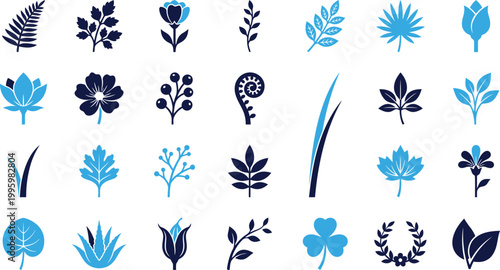 Collection of diverse botanical elements and nature inspired graphic icons set on white.