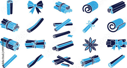 Collection of cinnamon sticks and related spice elements as graphic icons on white background.