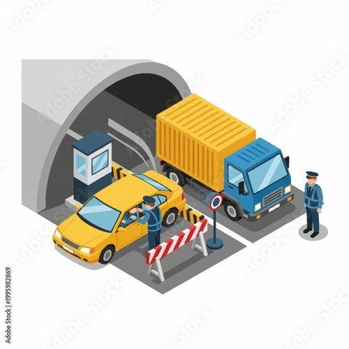 Border crossing checkpoint with car and truck inspection.
