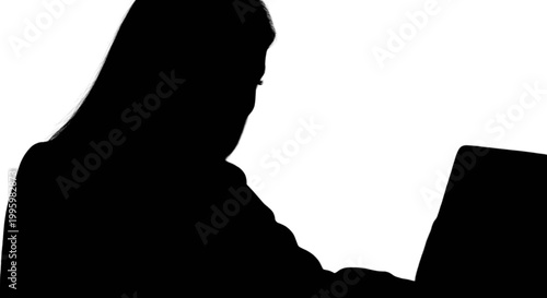 Silhouette of person working on laptop isolated on transparent background, Vector