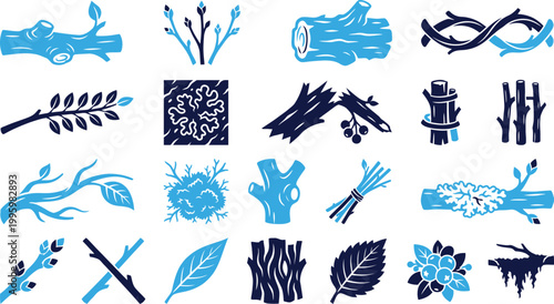 Assortment of wood elements and tree related graphic icons in blue and dark blue colors.