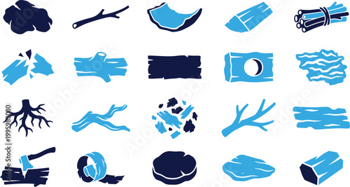 Collection of stylized icons depicting various elements related to wood and nature, forest and carpentry, natural resources and raw materials.