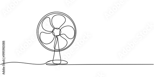 Continuous one line drawing of a fan with blades, depicting coolness and freshness, line art style vector illustration, Single continuous line drawing of a table fan, Continuous Line Drawing.
