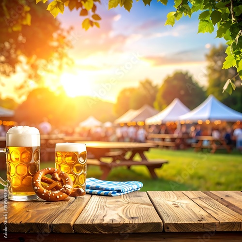 Beer glasses on wooden table outdoors.