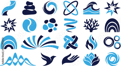 Modern abstract symbols and icons in blue and dark blue representing nature and movement.