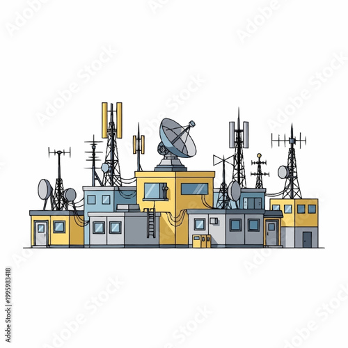 Communication towers and satellite dishes on buildings.