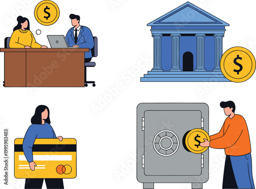 Banking and finance concept set with people saving money depositing coins secure vault credit card payment and bank building vector illustration