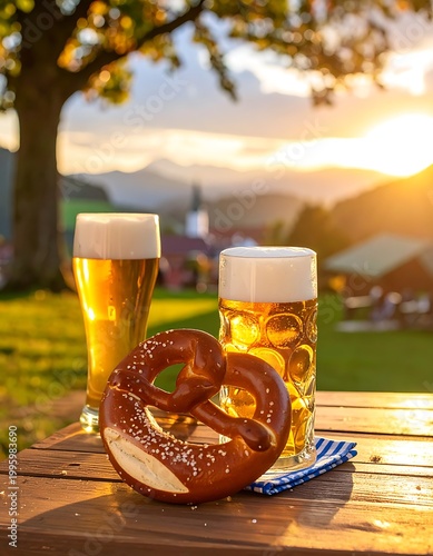 Beer glasses with pretzel on table.