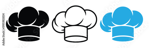 Three colorful chef hat icons in black, White, And blue for culinary concepts