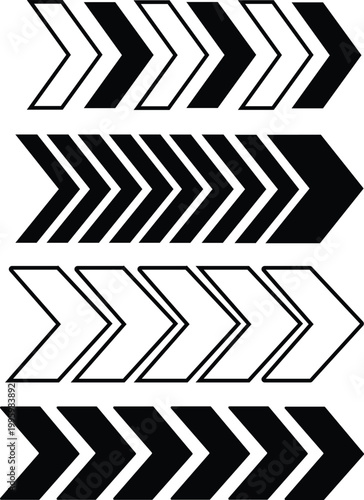 A collection of four rows of chevron arrow shapes in black and white variations