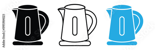Electric kettle icons in black, White, And blue on white background for cooking and kitchen design