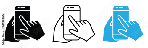Set of hand holding smartphone icons in black, White and blue color schemes for mobile app or website design