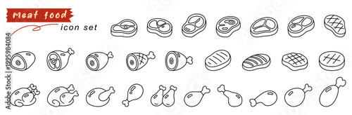 Delight in this meat food icon set featuring variety of delicious options. Each icon represents unique type of meat, perfect for culinary designs and food related projects