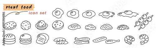 Delight in this meat food icon set featuring variety of delicious dishes including burgers, skewers, and seafood. Each icon represents unique culinary experience