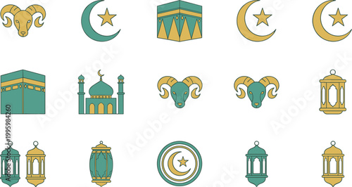 Islamic Religious Icon Set Featuring Kaaba Mosque Crescent Moon Star Ram Head and Lanterns for Ramadan and Eid Mubarak Celebrations