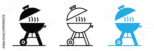 Set of three barbecue grill icons in black line and blue on white background for cooking and outdoor concepts