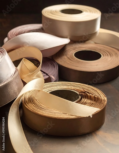Beige fabric ribbons on rolls.