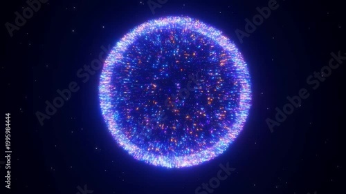 Static shot of glowing particle sphere slowly rotating and pulsating with colorful halo in outer space against starry cosmic background