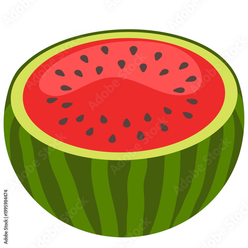Fresh cut watermelon half with seeds, bright juicy red pulp and green striped rind, summer fruit vector illustration isolated on white background