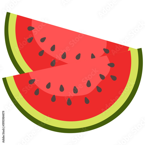 Large watermelon slice with seeds, juicy red pulp and green rind, fresh summer fruit vector illustration