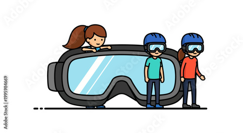 Three people wearing helmets and goggles with a virtual reality headset.