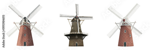 Schilderij op canvas Classic Dutch Wooden Windmill with Large Sails, Historical Rural Architecture Illustration for Travel and Heritage Tourism, Traditional Flour Mill Design Element
