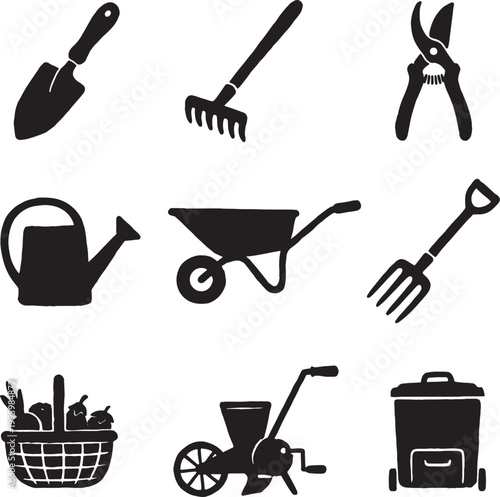 Collection of nine black silhouette illustrations of essential gardening tools and supplies