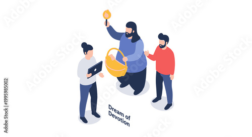 Three people in an isometric illustration of devotion and faith.