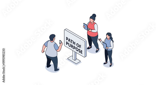 Three People Reading and Observing the Path of Purpose Sign.