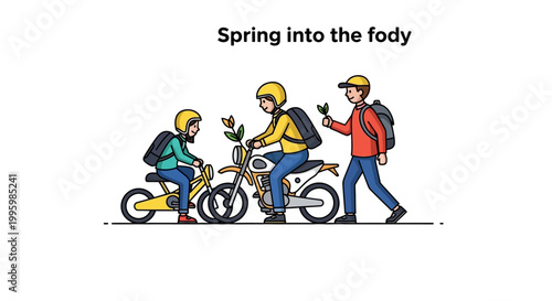 Three people riding motorcycles and walking with plants in a line.