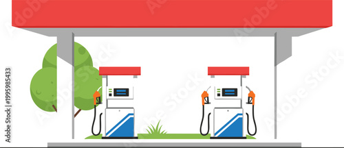 Minimal gas station with fuel pumps under canopy surrounded by greenery illustrating eco friendly refueling infrastructure and clean energy transportation concept vector illustration